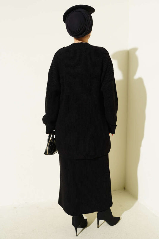 Selanik Knitted Skirted Knitwear Two Piece Set Black