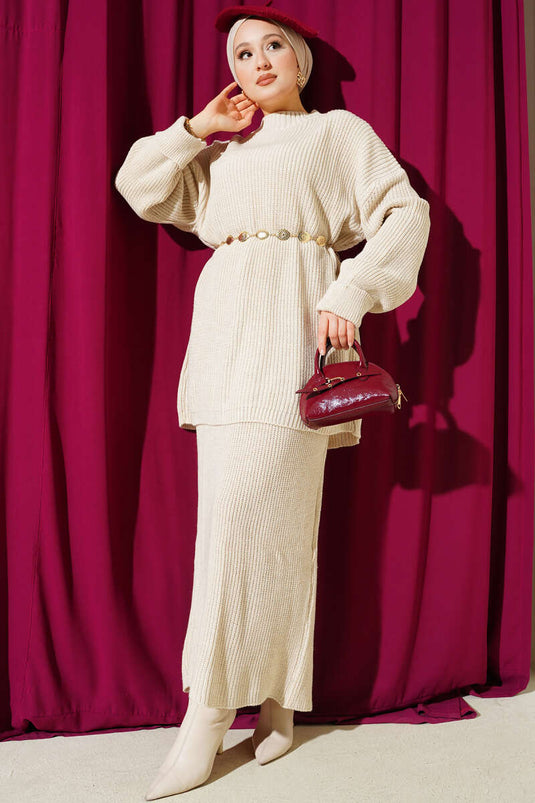 Selanik Knitted Skirted Knitwear Two Piece Set Stone