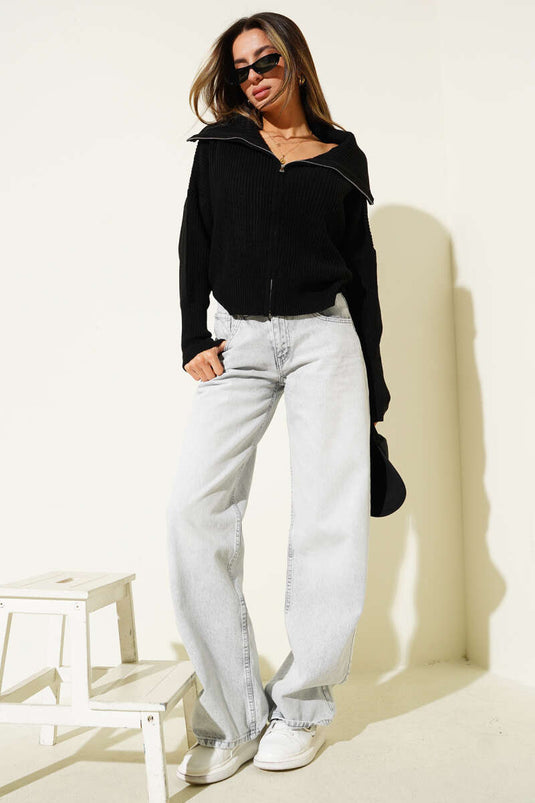 Black Cardigan with Thessaloniki Knit Zip-Up