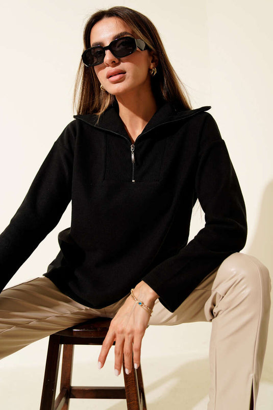 Sweat-shirt noir zippé à col Thessaloniki