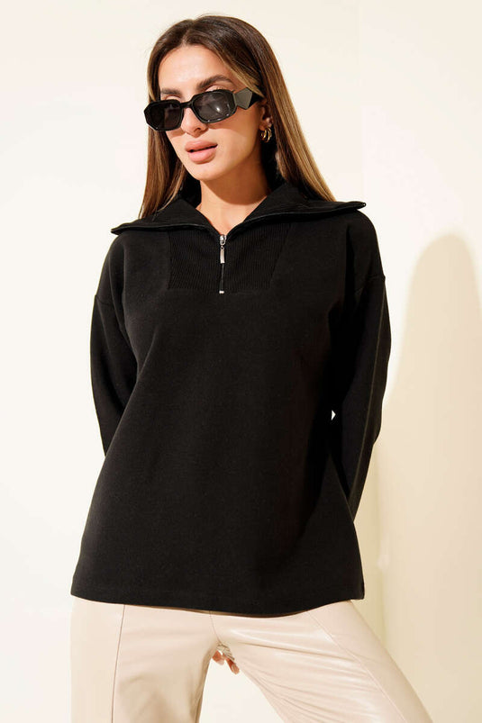 Sweat-shirt noir zippé à col Thessaloniki