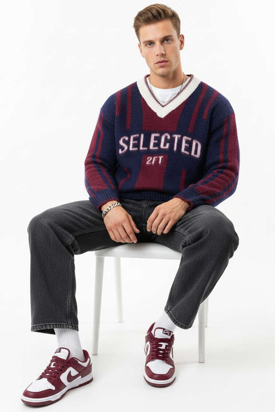 Pull homme col V en maille, coloris marine et bordeaux