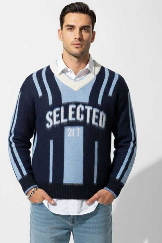 Selected V-Neck Knitted Men's Sweater Navy Blue