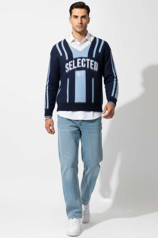 Selected V-Neck Knitted Men's Sweater Navy Blue