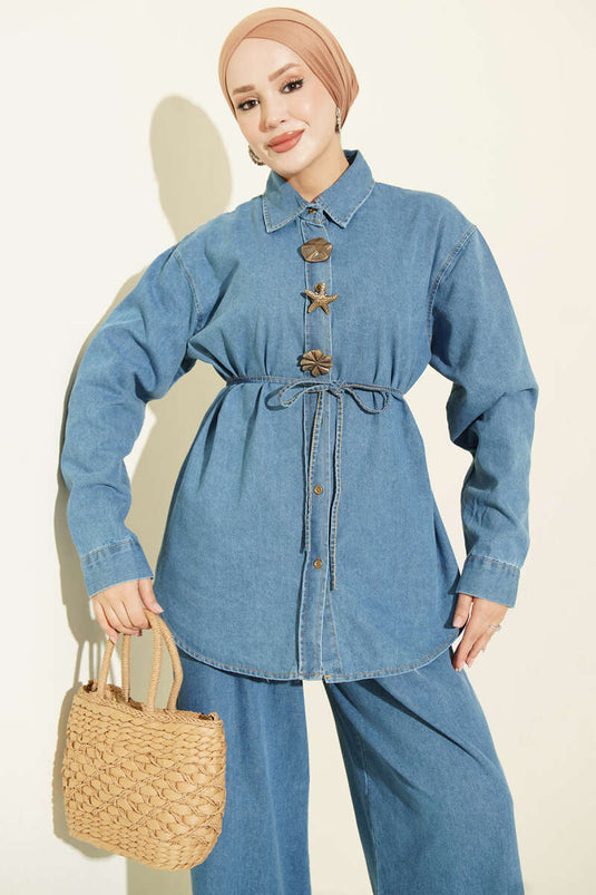 Lichtblauwe Denim Set Met Binddetail En Embellishments