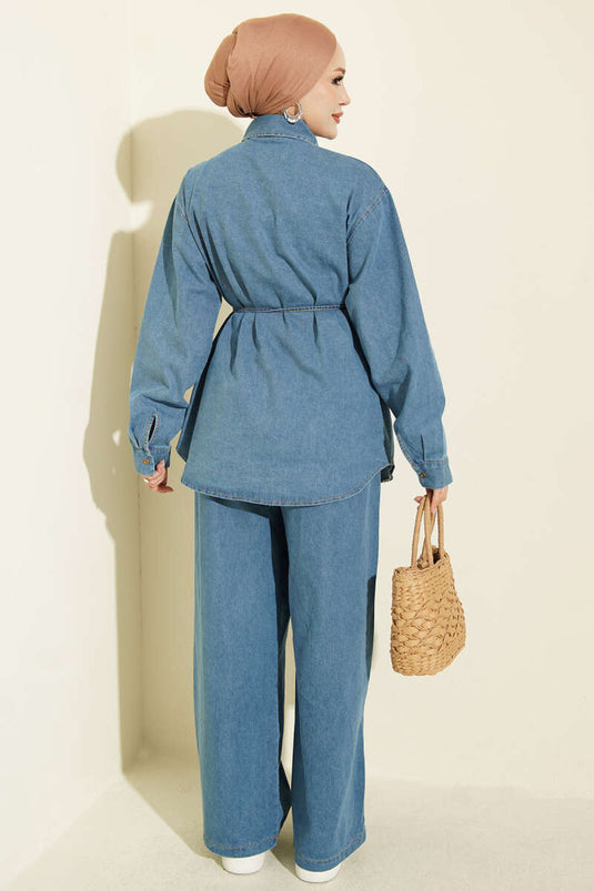 Lichtblauwe Denim Set Met Binddetail En Embellishments