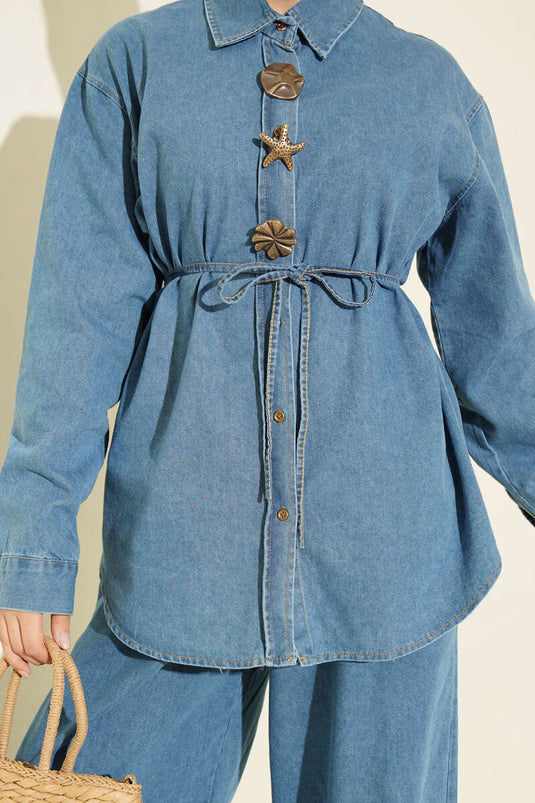 Lichtblauwe Denim Set Met Binddetail En Embellishments