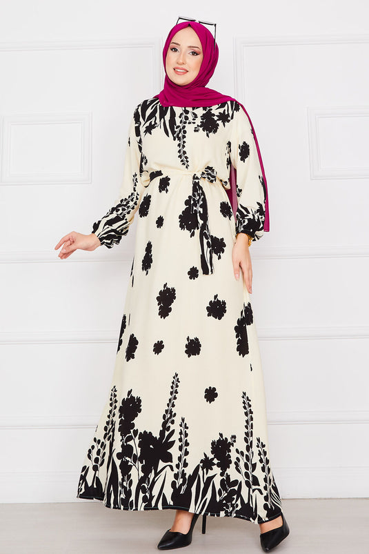 Robe hijab en viscose à motifs et ceinture Sena, écru-noir