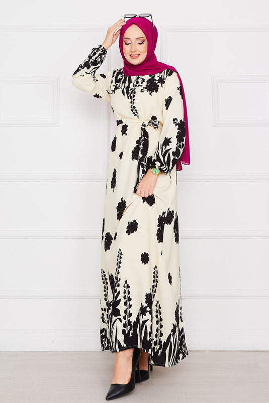 Robe hijab en viscose à motifs et ceinture Sena, écru-noir