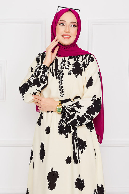 Sena Gemustertes Viskose-Hijab-Kleid mit Gürtel Ecru-Schwarz