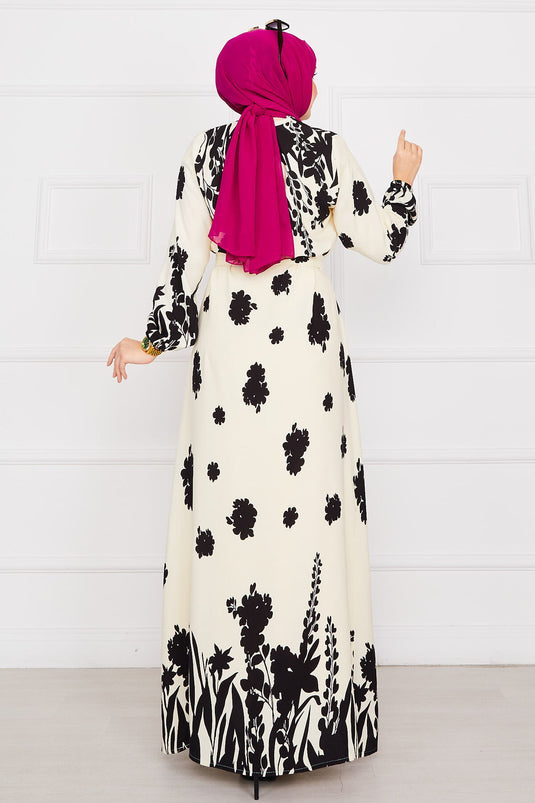 Robe hijab en viscose à motifs et ceinture Sena, écru-noir