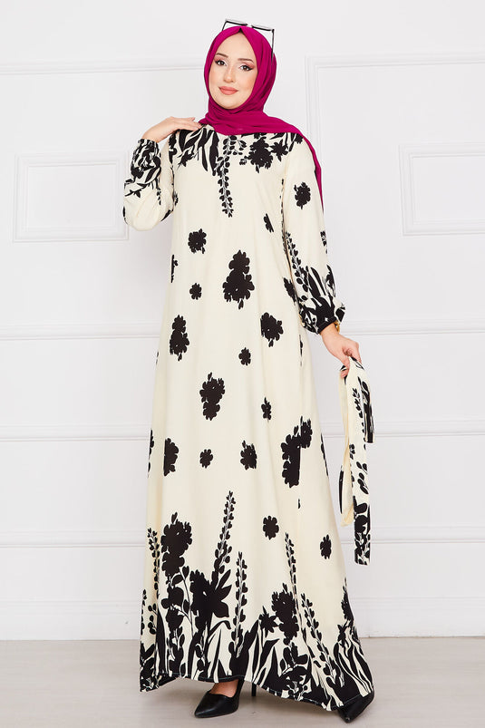 Robe hijab en viscose à motifs et ceinture Sena, écru-noir