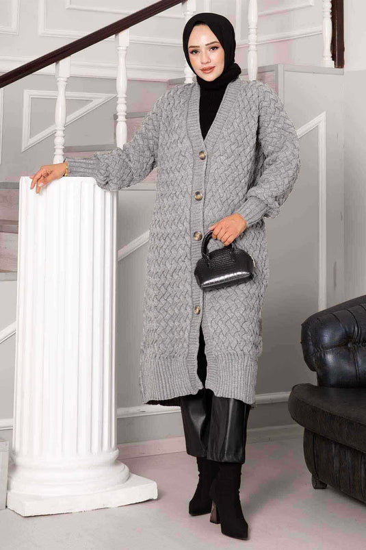 Basket Patterned Cardigan Light Gray