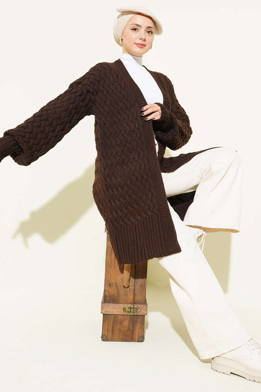 Sepet Örgü Triko Hırka Kahve