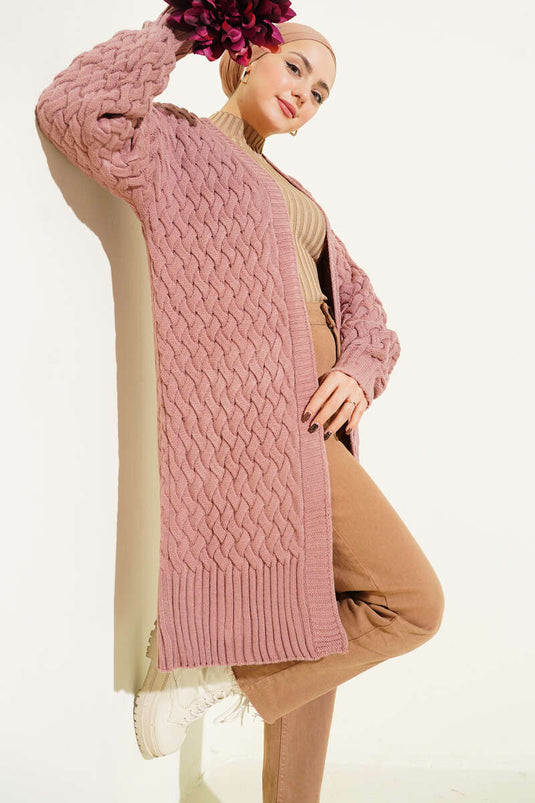 Cardigan tricoté en maille panier couleur poudre