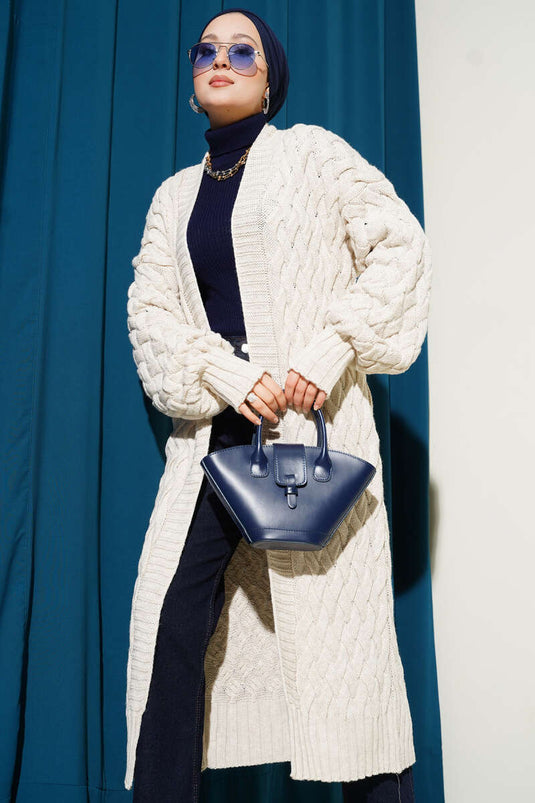 Gilet long beige à maille panier