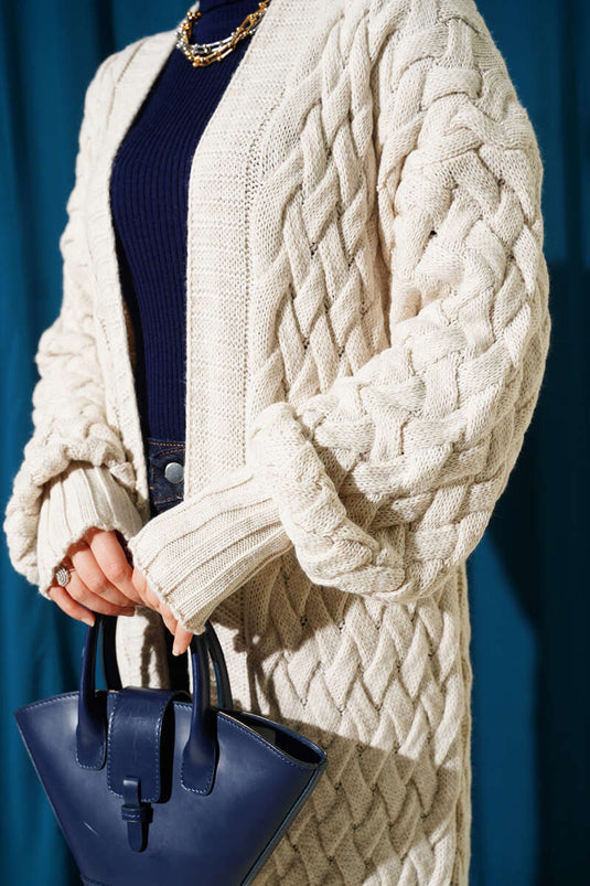 Gilet long beige à maille panier