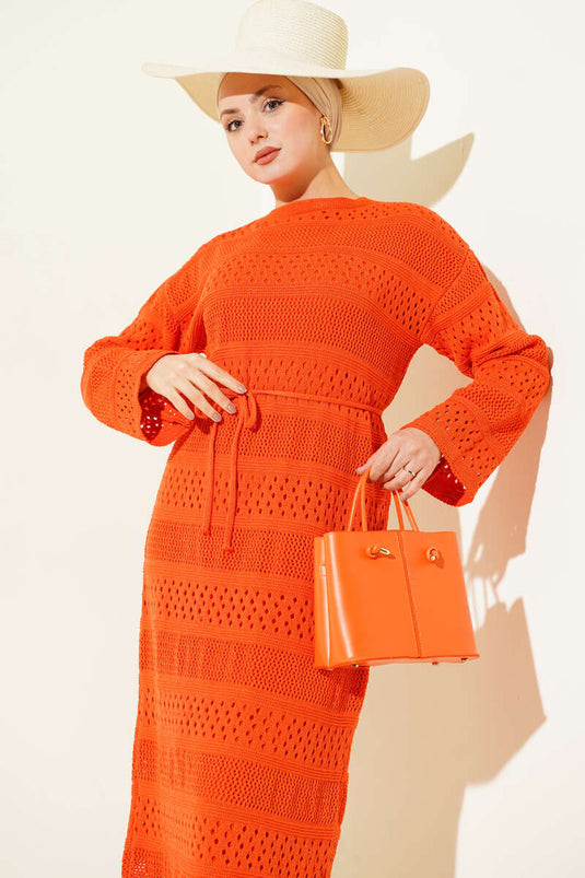 Robe en tricot à motif ajouré en bande orange