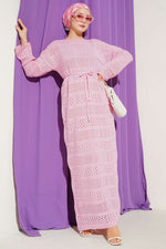 Robe en tricot à motif ajouré rayé rose
