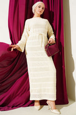 Robe en tricot à motif ajouré à rayures, couleur pierre