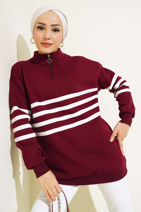 Şerit Baskılı Fermuarlı Üç İplik Sweatshirt Bordo