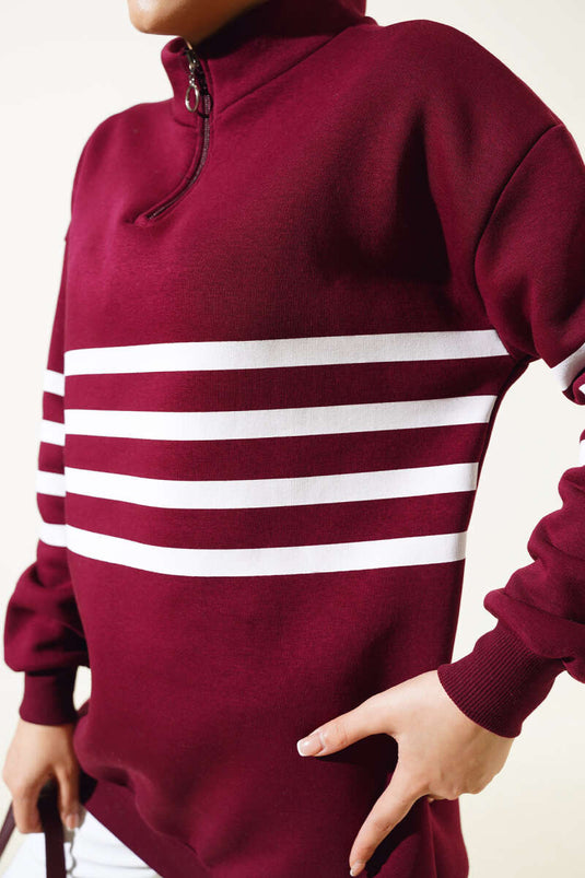 Şerit Baskılı Fermuarlı Üç İplik Sweatshirt Bordo