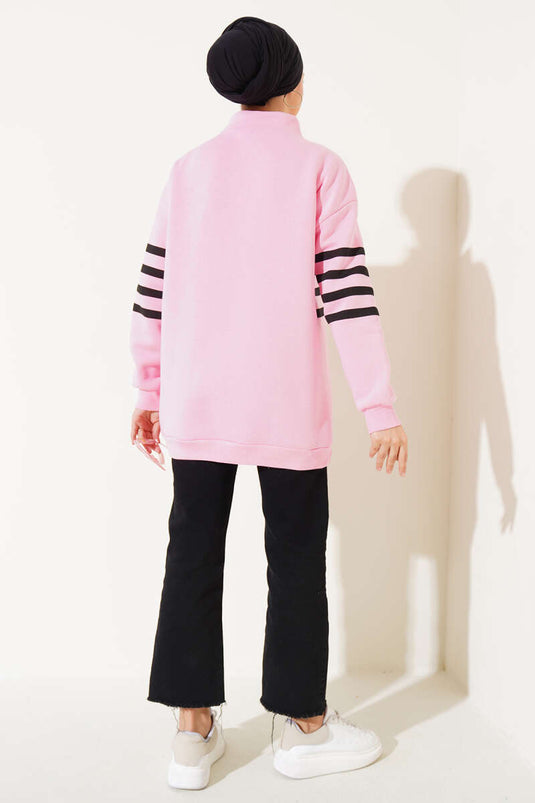 Şerit Baskılı Fermuarlı Üç İplik Sweatshirt Pembe