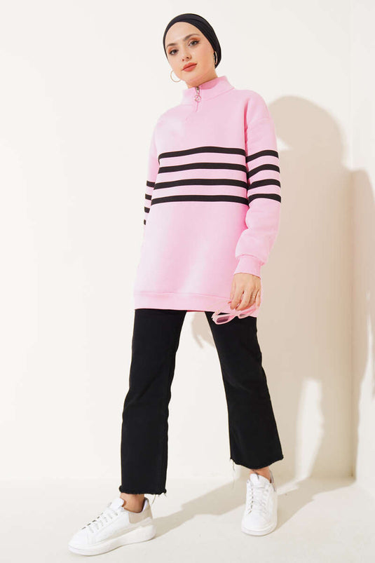 Şerit Baskılı Fermuarlı Üç İplik Sweatshirt Pembe