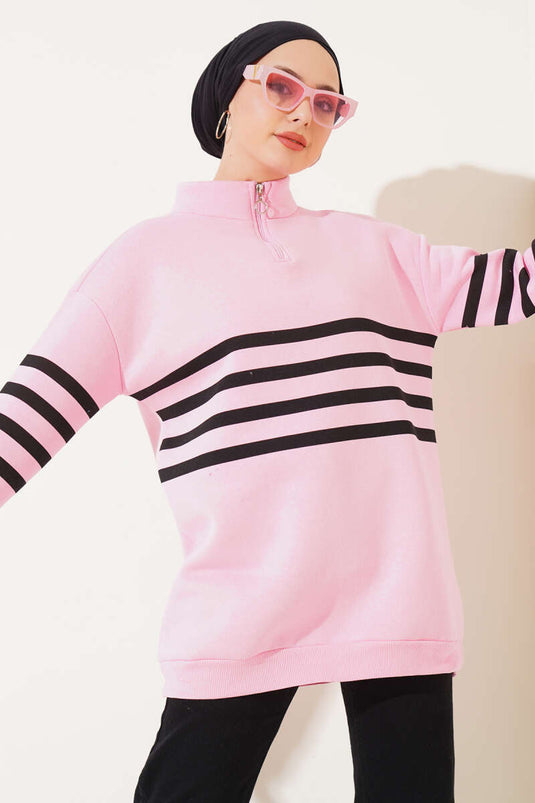 Şerit Baskılı Fermuarlı Üç İplik Sweatshirt Pembe