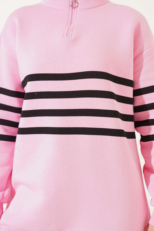 Şerit Baskılı Fermuarlı Üç İplik Sweatshirt Pembe