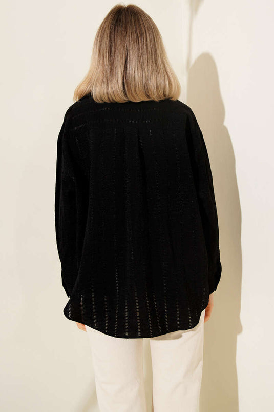 Striped Embroidered Oversized Basic Shirt Black