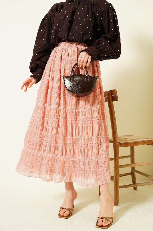 Gonna in chiffon con paillettes e coulisse a strisce color cipria
