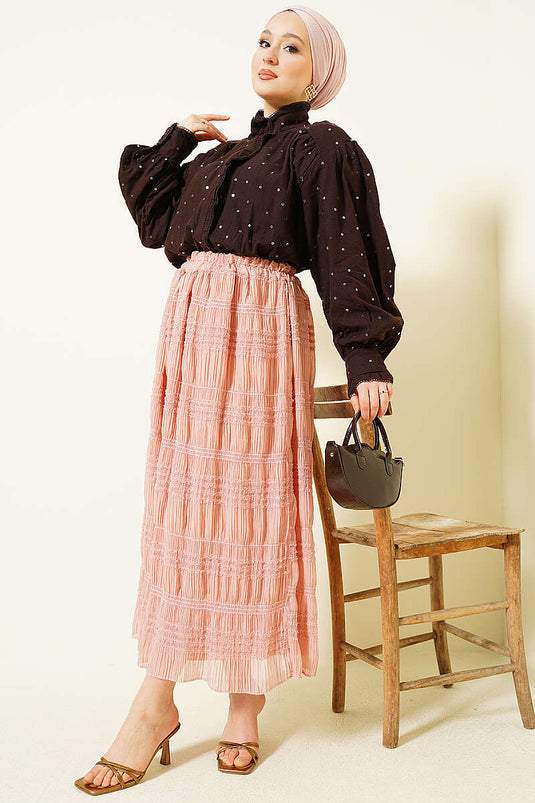 Gonna in chiffon con paillettes e coulisse a strisce color cipria