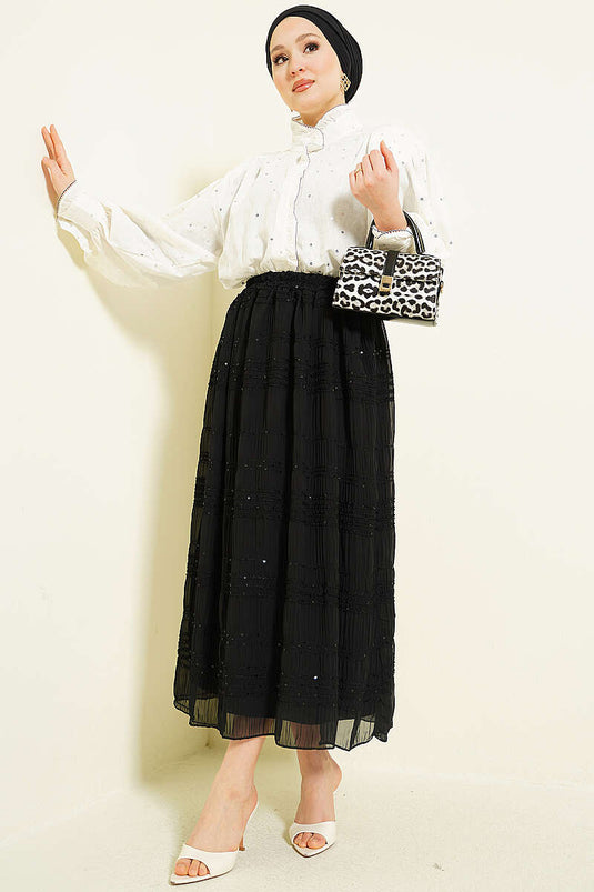 Black Chiffon Skirt with Sequin and Gathered Stripe