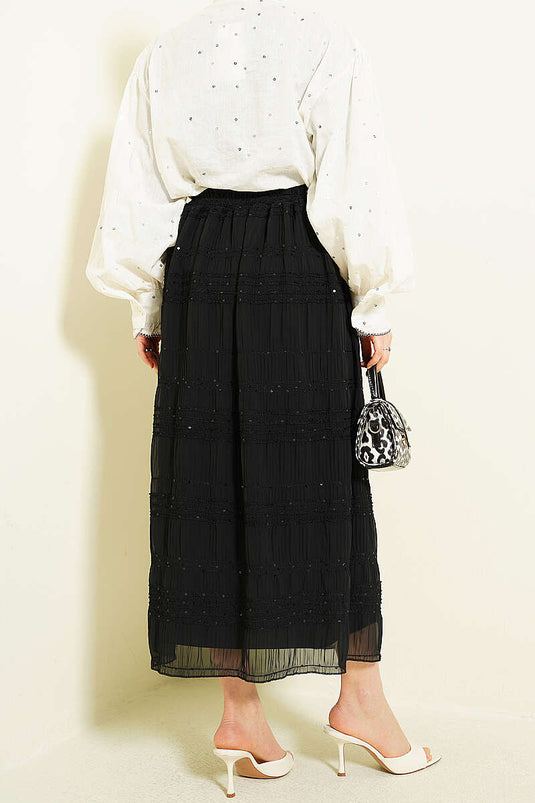 Black Chiffon Skirt with Sequin and Gathered Stripe