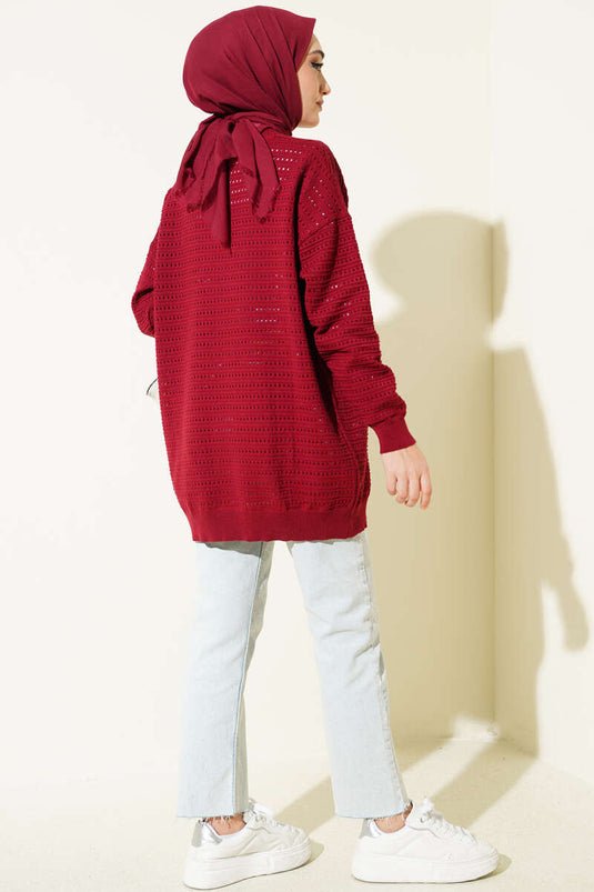 Striped Openwork Knit Cardigan Burgundy