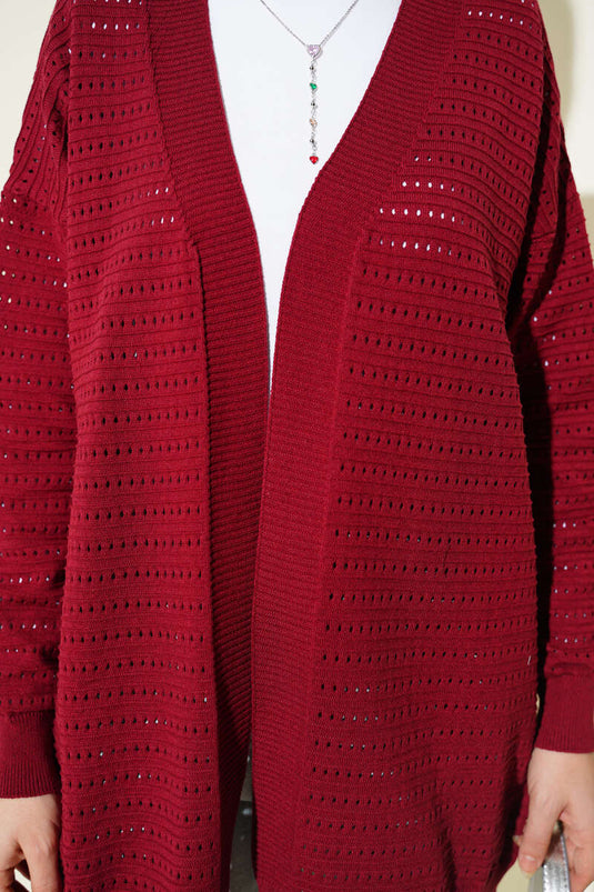 Striped Openwork Knit Cardigan Burgundy