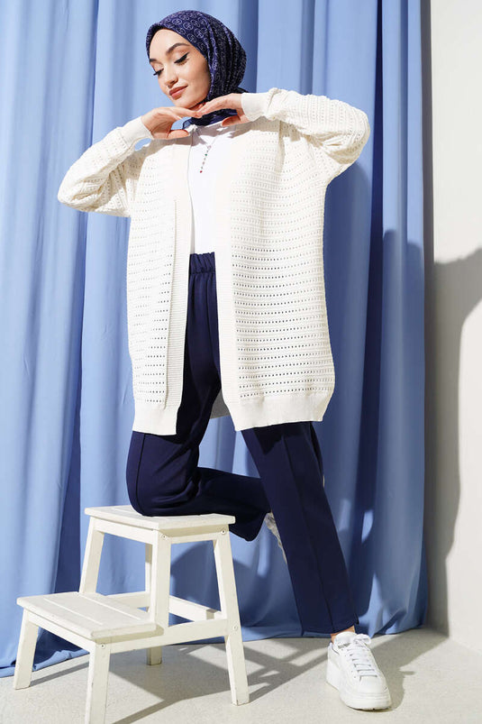 Cardigan traforato in maglia con strisce, colore ecru