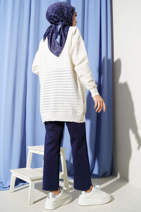 Cardigan traforato in maglia con strisce, colore ecru