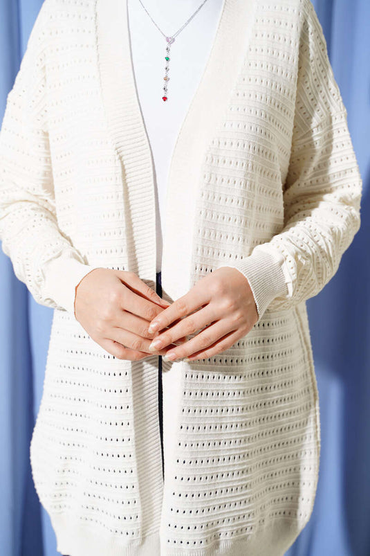 Cardigan traforato in maglia con strisce, colore ecru