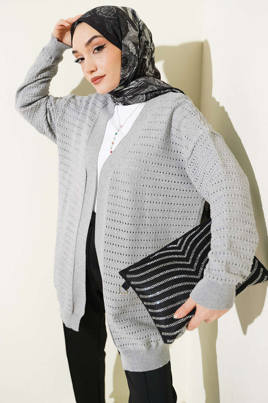 Cardigan en tricot ajouré à rayures perforées gris