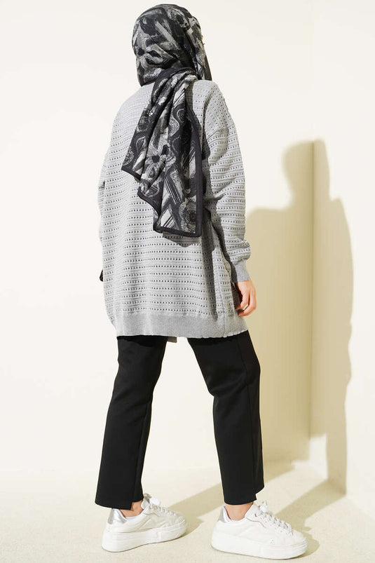Cardigan en tricot ajouré à rayures perforées gris