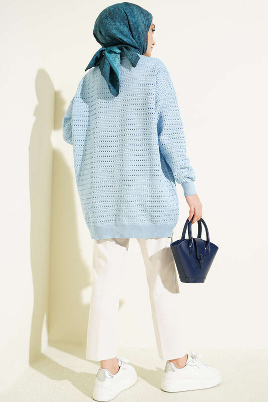 Strickjacke mit Lochmuster und Streifen, Blau