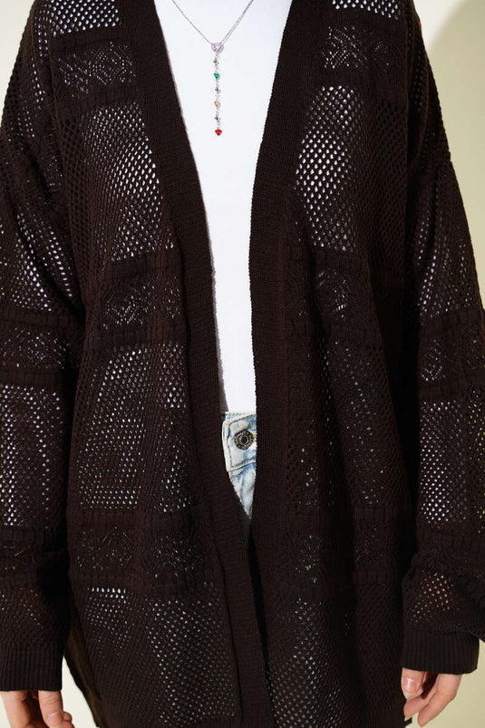 Cardigan lavorato a maglia traforato con motivo a strisce, colore caffè