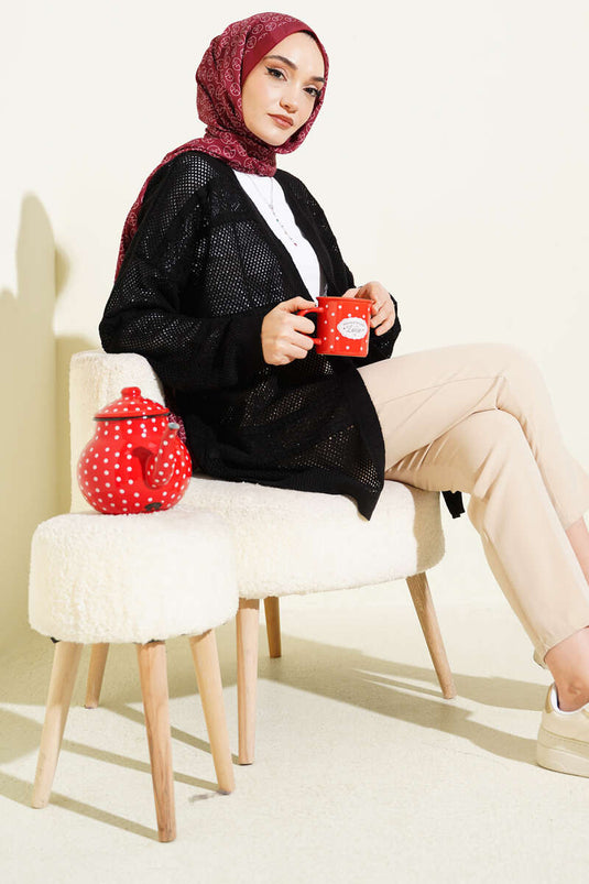 Striped Pattern Openwork Knit Cardigan Black