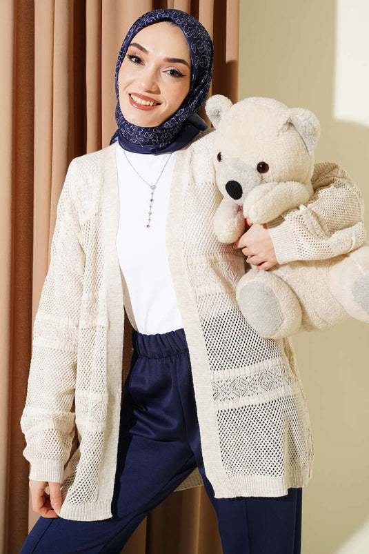 Cardigan in maglia traforata con motivo a strisce, colore pietra