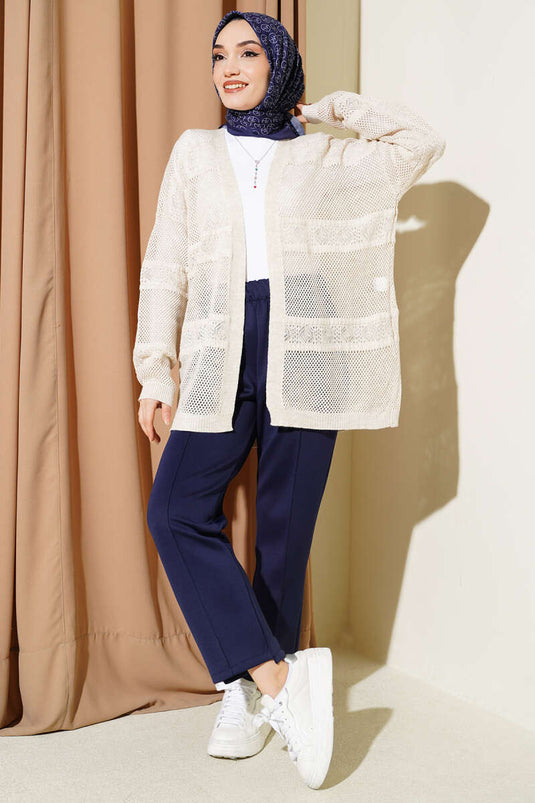 Cardigan in maglia traforata con motivo a strisce, colore pietra