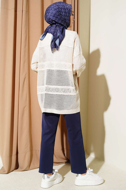 Cardigan in maglia traforata con motivo a strisce, colore pietra