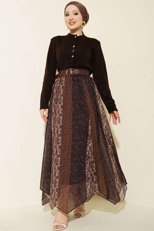 Şerit Desenli Asimetrik Şifon Etek Mürdüm