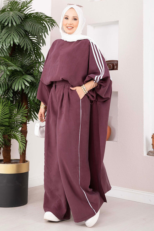 Şerit Detaylı Asimetrik Tunik Pantolon Takım Bordo